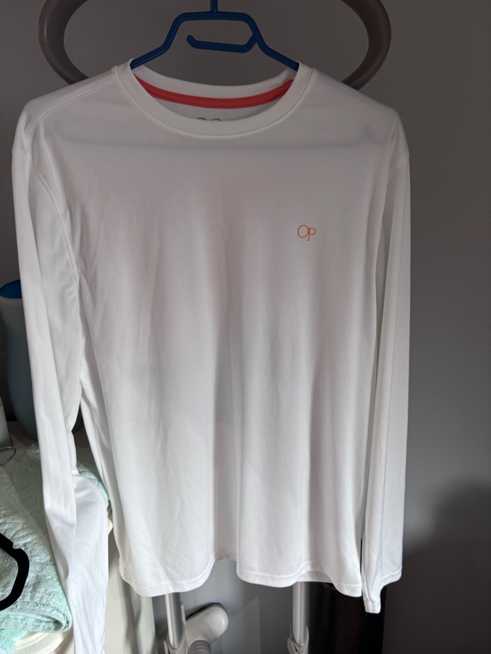 OP Long-Sleeve Performance / beach / water Tee — White with Coral Accent
